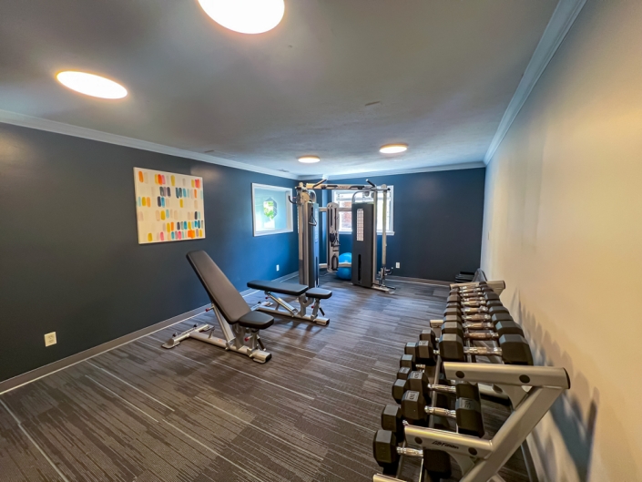 Fitness center with weights at Launch in West Lafayette, Indiana
